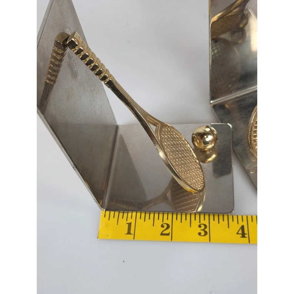 Pair Of Vintage Polished Brass and Chrome Tennis Racket Bookend Decor Figurine